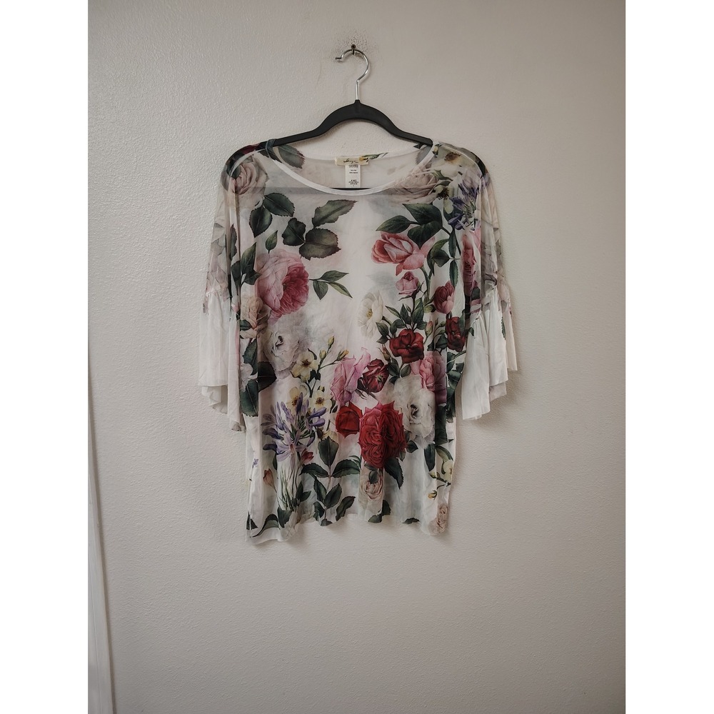Gaze USA Womens Floral Mesh Blouse Pleated Bell Sleeve Rose Print Top White L